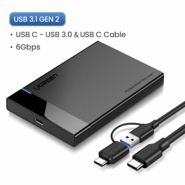 Ugreen 2.5 USB 3.1 Hard Drive Enclosure with 2 in 1 USB A/USB-C to USB-C Cable